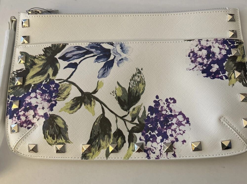 NWT White House Black Market White Floral Studded Clutch Handbag Retail $69